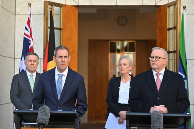 ANTHONY ALBANESE TAX PRESSER, Treasurer Jim Chalmers, Minister for Health Mark Butler, Minister for Finance Katy Gallagher and Prime Minister Anthony Albanese at a press conference at Parliament House in Canberra, Tuesday, June 23, 2026. ( NO ARCHIVING CANBERRA AUSTRALIAN CAPITAL TERRITORY AUSTRALIA  Copyright: xMICKxTSIKASx 20260623143746442980