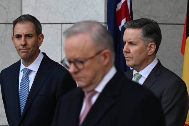 ANTHONY ALBANESE TAX PRESSER, Australian Treasurer Jim Chalmers and Australian Health Minister Mark Butler listen to Australian Prime Minister Anthony Albanese speak to the media during a press conference at Parliament House in Canberra, Tuesday, June 23, 2026. ( NO ARCHIVING CANBERRA ACT AUSTRALIA  Copyright: xLUKASxCOCHx 20260623135952420971
