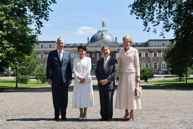 Japan emperor, empress in Brussels Japanese Emperor Naruhito (2nd from R) and Empress Masako (2nd from L) pose for a photo with Belgian King Philippe and Queen Mathilde after arriving at the Palace of Laeken in Brussels on June 22, 2026. (Pool photo)  A14AA0005619814P