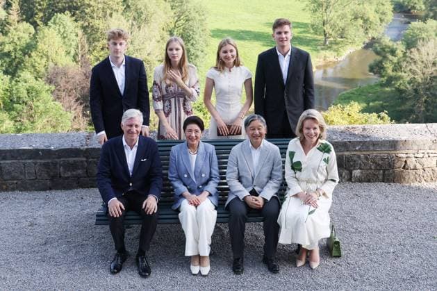 Japan emperor, empress in Belgium Japan s Emperor Naruhito (front row, 2nd from R) and Empress Masako (front row, 2nd from L) pose for a photo with Belgium s King Philippe (front row, far L) and Queen Mathilde (front row, far R) at the Royal Castle of Ciergnon in Houyet, southern Belgium, a residence and summer retreat of the Belgian royal family, on June 21, 2026. Standing behind them are (from R to L) Prince Gabriel, Princess Elisabeth, Princess Eleonore and Prince Emmanuel. (Pool photo)  A14AA0005619817P