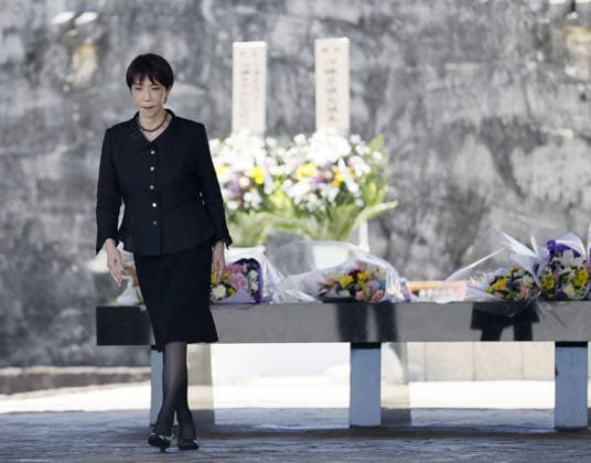 81st anniversary of WWII ground battle in Okinawa Japanese Prime Minister Sanae Takaichi is pictured after laying flowers at the Peace Memorial Park in Itoman, Okinawa Prefecture, southern Japan, on June 23, 2026, the 81st anniversary of the end of the Battle of Okinawa in World War II.  A14AA0005619898P