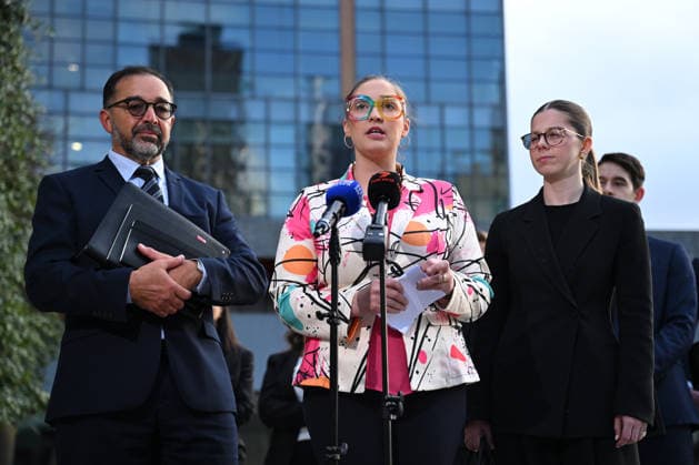 ROBODEBT COMPENSATION, Andrew Grech, partner of Gordon Legal (left) and Felicity Button (centre) speak to media outside of the Federal Court in Melbourne, Tuesday, June 23, 2026. ( NO ARCHIVING Melbourne Victoria AUSTRALIA  Copyright: xx 20260623162959697834