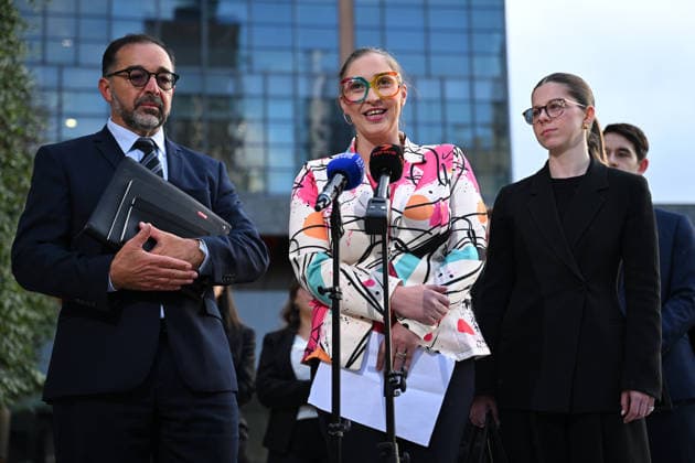 ROBODEBT COMPENSATION, Andrew Grech, partner of Gordon Legal (left) and Felicity Button (centre) speak to media outside of the Federal Court in Melbourne, Tuesday, June 23, 2026. ( NO ARCHIVING Melbourne Victoria AUSTRALIA  Copyright: xx 20260623181263391240