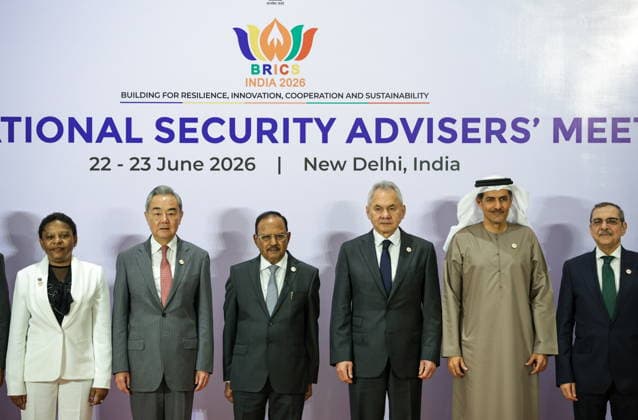 INDIA, NEW DELHI - JUNE 23, 2026: Russian Security Council Secretary Sergei Shoigu (3rd R), China s Foreign Minister Wang Yi (3rd L) pose for a family photo at the BRICS National Security Advisers Meeting New Delhi India  - ZUMAt113 20260623_zaa_t113_007 Copyright: xMikhailxTereshchenkox