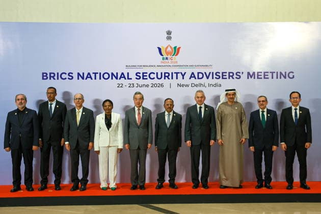 INDIA, NEW DELHI - JUNE 23, 2026: Russian Security Council Secretary Sergei Shoigu (4th R), China s Foreign Minister Wang Yi (5th L) pose for a family photo at the BRICS National Security Advisers Meeting New Delhi India  - ZUMAt113 20260623_zaa_t113_008 Copyright: xMikhailxTereshchenkox