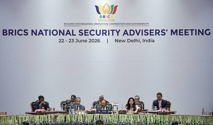India Russia Security 9193750 23.06.2026 Indian National Security Advisor Ajit Doval, centre, attends a meeting of high-ranking BRICS officials responsible for security matters, in New Delhi, India. Mikhail Tereshchenko Sputnik New Delhi India  Copyright: xMikhailxTereshchenkox