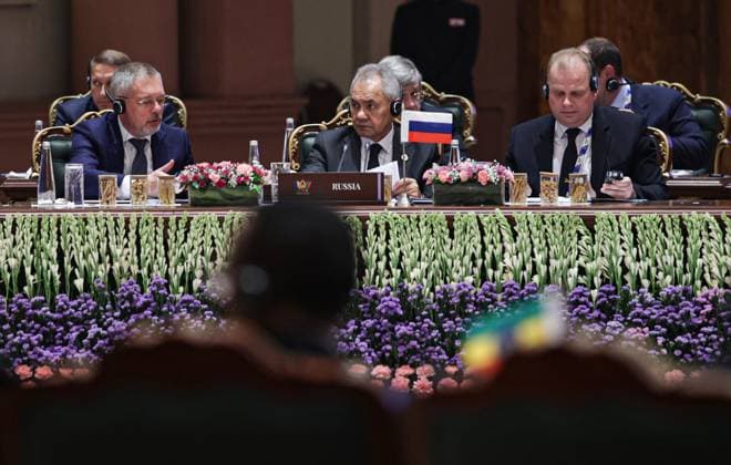 India Russia Security 9193753 23.06.2026 Russian Security Council Secretary Sergei Shoigu, centre, attends a meeting of high-ranking BRICS officials responsible for security matters, in New Delhi, India. Mikhail Tereshchenko Sputnik New Delhi India  Copyright: xMikhailxTereshchenkox