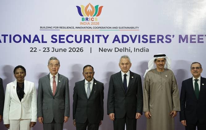India Russia Security 9193745 23.06.2026 From 2nd left, Chinese Foreign Minister Wang Yi, Indian National Security Advisor Ajit Doval, Russian Security Council Secretary Sergei Shoigu and UAE Supreme National Security Council Secretary-General Ali Al Shamsi pose for photos during a meeting of high-ranking BRICS officials responsible for security matters, in New Delhi, India. Mikhail Tereshchenko Sputnik New Delhi India  Copyright: xMikhailxTereshchenkox