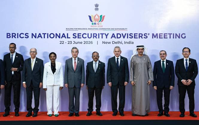 India Russia Security 9193744 23.06.2026 From 4th left, Chinese Foreign Minister Wang Yi, Indian National Security Advisor Ajit Doval, Russian Security Council Secretary Sergei Shoigu and UAE Supreme National Security Council Secretary-General Ali Al Shamsi pose for photos during a meeting of high-ranking BRICS officials responsible for security matters, in New Delhi, India. Mikhail Tereshchenko Sputnik New Delhi India  Copyright: xMikhailxTereshchenkox