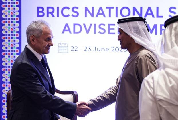 India Russia Security 9193761 23.06.2026 Russian Security Council Secretary Sergei Shoigu and UAE Supreme National Security Council Secretary-General Ali Al Shamsi shake hands during a meeting of high-ranking BRICS officials responsible for security matters, in New Delhi, India. Mikhail Tereshchenko Sputnik New Delhi India  Copyright: xMikhailxTereshchenkox