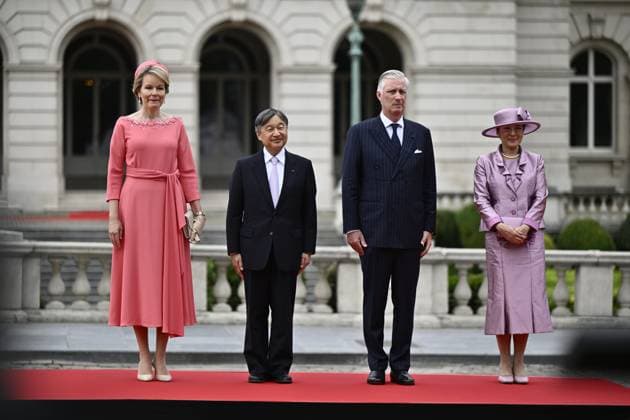 Queen Mathilde of Belgium, Japanese Emperor Naruhito, King Philippe - Filip of Belgium and Japanese Empress Masako pictured at the official welcoming ceremony at the Place des Palais Paleizenplein, in Brussels, during the official state visit of the Japanese Emperor and Empress to Belgium on Tuesday 23 June 2026. The Emperor and Empress of Japan visit Belgium from June 20-25.  ERICxLALMAND 178899255