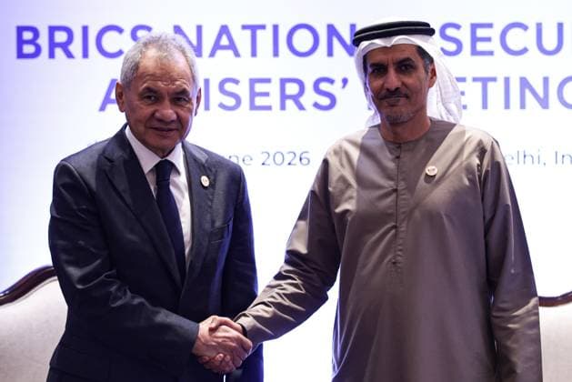 India Russia Security 9193762 23.06.2026 Russian Security Council Secretary Sergei Shoigu and UAE Supreme National Security Council Secretary-General Ali Al Shamsi shake hands as they pose for photos during a meeting of high-ranking BRICS officials responsible for security matters, in New Delhi, India. Mikhail Tereshchenko Sputnik New Delhi India  Copyright: xMikhailxTereshchenkox