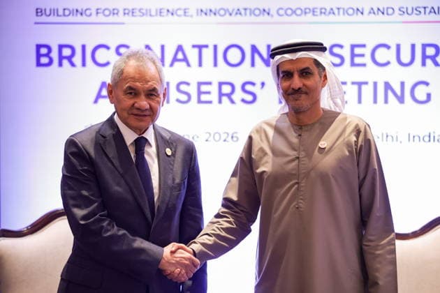INDIA, NEW DELHI - JUNE 23, 2026: Russian Security Council Secretary Sergei Shoigu (L) and Secretary-General of the UAE s Supreme Council for National Security Ali Al Shamsi meet on the sidelines of the BRICS National Security Advisers Meeting. Mikhail Tereshchenko TASS  94167938