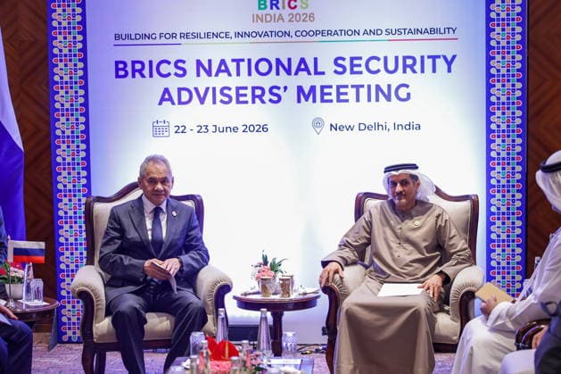 INDIA, NEW DELHI - JUNE 23, 2026: Russian Security Council Secretary Sergei Shoigu (L) and Secretary-General of the UAE s Supreme Council for National Security Ali Al Shamsi meet on the sidelines of the BRICS National Security Advisers Meeting. Mikhail Tereshchenko TASS  94167942