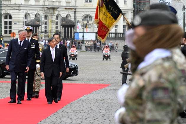 State Visit of the Emperor and the Empress of Japan to Belgium BRUSSELS, BELGIUM - JUNE 23 : King Philippe - Filip of Belgium, Queen Mathilde of Belgium; Emperor Naruhito of Japan and Empress Masako of Japan pictured during the Official Welcome Ceremony at the Place des Palais Paleizenplein during the state visit of the Emperor and Empress of Japan to Belgium, on June 23, 2026 in Brussels, Belgium, 23 06 2026 Brussels Belgium  Copyright: xPhilipxReynaersx
