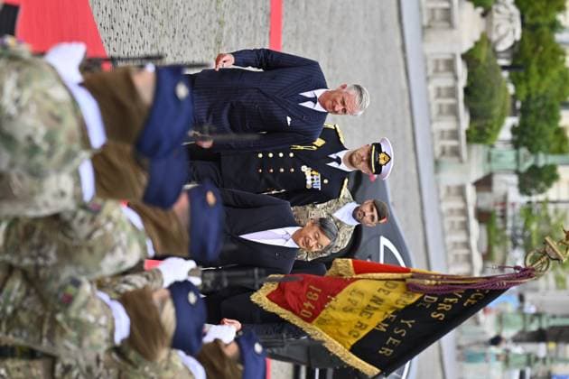 King Philippe - Filip of Belgium and Japanese Emperor Naruhito follow pass by soldiers at the official welcoming ceremony at the Place des Palais Paleizenplein, in Brussels, during the official state visit of the Japanese Emperor and Empress to Belgium on Tuesday 23 June 2026. The Emperor and Empress of Japan visit Belgium from June 20-25.  ERICxLALMAND 178910625
