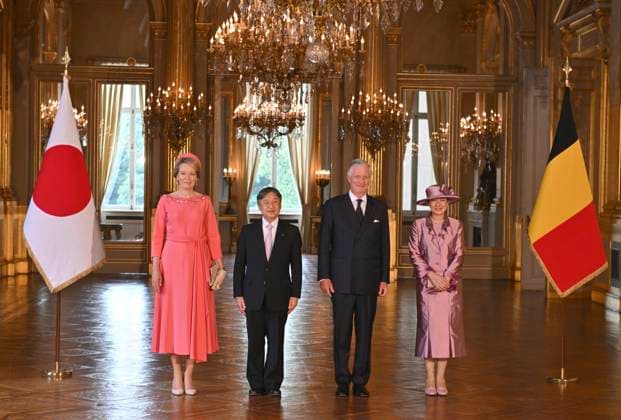 State Visit of the Emperor and the Empress of Japan to Belgium BRUSSELS, BELGIUM - JUNE 23 : Queen Mathilde of Belgium, Emperor Naruhito of Japan, King Philippe - Filip of Belgium and Empress Masako of Japan pictured during the Official Welcome Ceremony in the Royal Palace during the state visit of the Emperor and Empress of Japan to Belgium, on June 23, 2026 in Brussels, Belgium, 23 06 2026 Brussels Belgium  Copyright: xBertxVanxDenxBrouckex