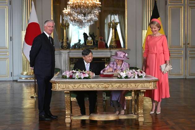 State Visit of the Emperor and the Empress of Japan to Belgium BRUSSELS, BELGIUM - JUNE 23 : King Philippe - Filip of Belgium, Emperor Naruhito of Japan, Empress Masako of Japan and Queen Mathilde of Belgium pictured during the Official Welcome Ceremony in the Royal Palace and signing of the Golden Book in the Empire Room during the state visit of the Emperor and Empress of Japan to Belgium, on June 23, 2026 in Brussels, Belgium, 23 06 2026 Brussels Belgium  Copyright: xBertxVanxDenxBrouckex