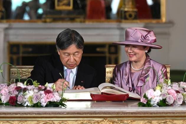 State Visit of the Emperor and the Empress of Japan to Belgium BRUSSELS, BELGIUM - JUNE 23 : Emperor Naruhito of Japan and Empress Masako of Japan pictured during the Official Welcome Ceremony in the Royal Palace and signing of the Golden Book in the Empire Room during the state visit of the Emperor and Empress of Japan to Belgium, on June 23, 2026 in Brussels, Belgium, 23 06 2026 Brussels Belgium  Copyright: xBertxVanxDenxBrouckex