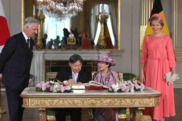 State Visit of the Emperor and the Empress of Japan to Belgium BRUSSELS, BELGIUM - JUNE 23 : King Philippe - Filip of Belgium, Emperor Naruhito of Japan, Empress Masako of Japan and Queen Mathilde of Belgium pictured during the Official Welcome Ceremony in the Royal Palace and signing of the Golden Book in the Empire Room during the state visit of the Emperor and Empress of Japan to Belgium, on June 23, 2026 in Brussels, Belgium, 23 06 2026 Brussels Belgium  Copyright: xBertxVanxDenxBrouckex