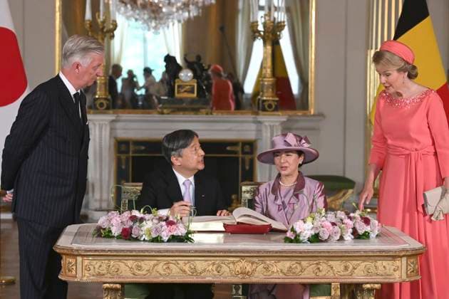 State Visit of the Emperor and the Empress of Japan to Belgium BRUSSELS, BELGIUM - JUNE 23 : King Philippe - Filip of Belgium, Emperor Naruhito of Japan, Empress Masako of Japan and Queen Mathilde of Belgium pictured during the Official Welcome Ceremony in the Royal Palace and signing of the Golden Book in the Empire Room during the state visit of the Emperor and Empress of Japan to Belgium, on June 23, 2026 in Brussels, Belgium, 23 06 2026 Brussels Belgium  Copyright: xBertxVanxDenxBrouckex