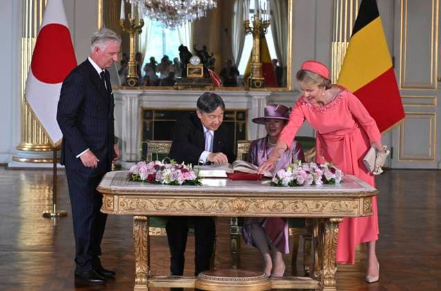 State Visit of the Emperor and the Empress of Japan to Belgium BRUSSELS, BELGIUM - JUNE 23 : King Philippe - Filip of Belgium, Emperor Naruhito of Japan, Empress Masako of Japan and Queen Mathilde of Belgium pictured during the Official Welcome Ceremony in the Royal Palace and signing of the Golden Book in the Empire Room during the state visit of the Emperor and Empress of Japan to Belgium, on June 23, 2026 in Brussels, Belgium, 23 06 2026 Brussels Belgium  Copyright: xBertxVanxDenxBrouckex