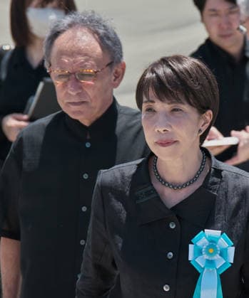 Japan s Prime Minister Sanae Takaichi and Okinawa Governor Denny Tamaki arrive for attend the memorial service for all war dead of Battle of Okinawa at the Peace Memorial Park in Itoman, Okinawa-Prefecture, Japan on Tuesday, June 23, 2026.  TKP2026062306 KEIZOxMORI