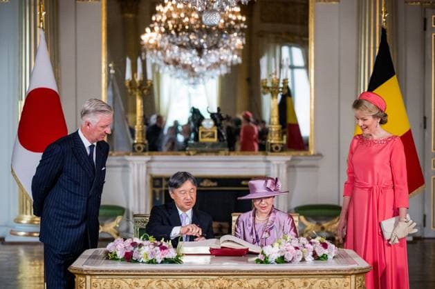 King Philippe - Filip of Belgium, Japanese Emperor Naruhito, Japanese Empress Masako and Queen Mathilde of Belgium pictured during the official welcoming ceremony in the Royal Palace, in Brussels, during the official state visit of the Japanese Emperor and Empress to Belgium on Tuesday 23 June 2026. The Emperor and Empress of Japan visit Belgium from June 20-25.  JASPERxJACOBS 178929843
