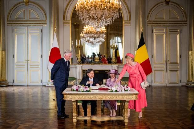 King Philippe - Filip of Belgium, Japanese Emperor Naruhito, Japanese Empress Masako and Queen Mathilde of Belgium pictured during the official welcoming ceremony in the Royal Palace, in Brussels, during the official state visit of the Japanese Emperor and Empress to Belgium on Tuesday 23 June 2026. The Emperor and Empress of Japan visit Belgium from June 20-25.  JASPERxJACOBS 178930459
