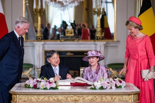 King Philippe - Filip of Belgium, Japanese Emperor Naruhito, Japanese Empress Masako and Queen Mathilde of Belgium pictured during the official welcoming ceremony in the Royal Palace, in Brussels, during the official state visit of the Japanese Emperor and Empress to Belgium on Tuesday 23 June 2026. The Emperor and Empress of Japan visit Belgium from June 20-25.  JASPERxJACOBS 178931563