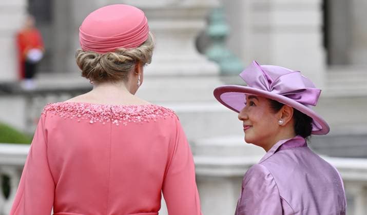 Queen Mathilde of Belgium and Japanese Emperor Naruhito pictured at the official welcoming ceremony at the Place des Palais Paleizenplein, in Brussels, during the official state visit of the Japanese Emperor and Empress to Belgium on Tuesday 23 June 2026. The Emperor and Empress of Japan visit Belgium from June 20-25.  ERICxLALMAND 178944414