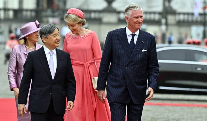 Japanese Emperor Naruhito, King Philippe - Filip of Belgium followed by Japanese Empress Masako and Queen Mathilde of Belgium arrive for the official photo at the official welcoming ceremony at the Place des Palais Paleizenplein, in Brussels, during the official state visit of the Japanese Emperor and Empress to Belgium on Tuesday 23 June 2026. The Emperor and Empress of Japan visit Belgium from June 20-25.  ERICxLALMAND 178944466