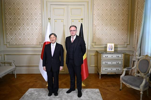 Japanese Emperor Naruhito and Prime Minister Bart De Wever pose for the photographer during a meeting at the Lambermont Prime Minister s official residence, in Brussels, during the official state visit of the Japanese Emperor and Empress to Belgium on Tuesday 23 June 2026. The Emperor and Empress of Japan visit Belgium from June 20-25.  JASPERxJACOBS 178948720
