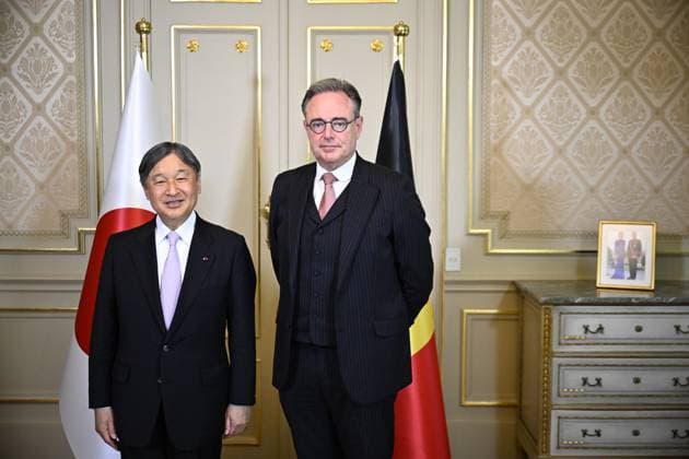 Japanese Emperor Naruhito and Prime Minister Bart De Wever pose for the photographer during a meeting at the Lambermont Prime Minister s official residence, in Brussels, during the official state visit of the Japanese Emperor and Empress to Belgium on Tuesday 23 June 2026. The Emperor and Empress of Japan visit Belgium from June 20-25.  JASPERxJACOBS 178948737