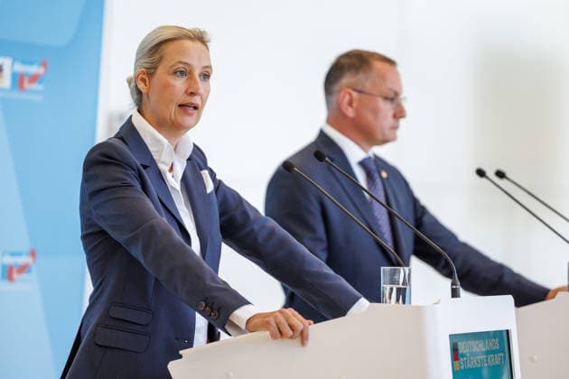 Statement AfD Alice Weidel und Tino Chrupalla (AfD), bei einem Statement der AfD am 23.06.26 in Berlin. Berlin Berlin Deutschland Reichstag *** Statement by AfD members Alice Weidel and Tino Chrupalla during an AfD press conference on June 23, 2026, in Berlin, Berlin, Berlin, Germany, at the Reichstag,detected_source_language