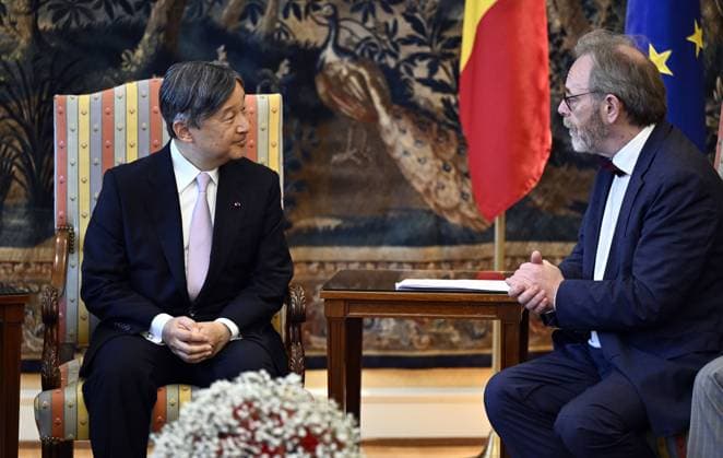 Japanese Emperor Naruhito and Chamber chairman Peter De Roover pictured during a visit to the Belgian parliament, in Brussels, during the official state visit of the Japanese Emperor and Empress to Belgium on Tuesday 23 June 2026. The Emperor and Empress of Japan visit Belgium from June 20-25.  ERICxLALMAND 178969405