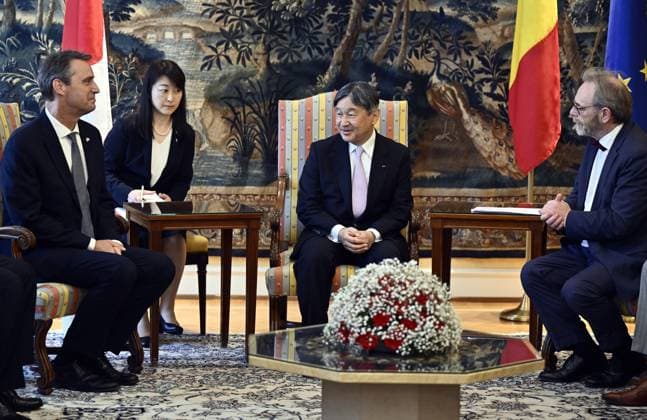 Senate Chairman Vincent Blondel, Japanese Emperor Naruhito and Chamber chairman Peter De Roover pictured during a visit to the Belgian parliament, in Brussels, during the official state visit of the Japanese Emperor and Empress to Belgium on Tuesday 23 June 2026. The Emperor and Empress of Japan visit Belgium from June 20-25.  ERICxLALMAND 178969793