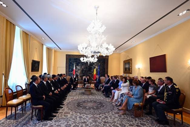 Senate Chairman Vincent Blondel, Japanese Emperor Naruhito and Chamber chairman Peter De Roover pictured during a visit to the Belgian parliament, in Brussels, during the official state visit of the Japanese Emperor and Empress to Belgium on Tuesday 23 June 2026. The Emperor and Empress of Japan visit Belgium from June 20-25.  ERICxLALMAND 178969800