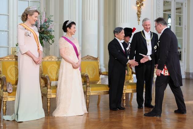 Queen Mathilde of Belgium, Japanese Empress Masako, Japanese Emperor Naruhito, King Philippe - Filip of Belgium and Prime Minister Bart De Wever pictured during the state banquet at the Castle of Laeken - Laken, Brussels, during the official state visit of the Japanese Emperor and Empress to Belgium on Tuesday 23 June 2026. The Emperor and Empress of Japan visit Belgium from June 20-25.  BENOITxDOPPAGNE 178999419