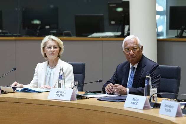 Kazakh President Tokayev joins EU leaders in Brussels for strategic partnership talks BRUSSELS, BELGIUM - JUNE 23: (----EDITORIAL USE ONLY – MANDATORY CREDIT - EU COUNCIL POOL - NO MARKETING NO ADVERTISING CAMPAIGNS - DISTRIBUTED AS A SERVICE TO CLIENTS----) European Commission President Ursula von der Leyen (L), EU Council President Antonio Costa (R) and Kazakh President Kassym-Jomart Tokayev attend a session on EU-Kazakhstan relations in Brussels, Belgium on June 23, 2026. The EU and Kazakhstan signed several agreements aimed at strengthening transport connections, enhancing cooperation in critical raw materials and accelerating investment projects. EU Council Pool Anadolu Brussels Belgium. Editorial use only. Please get in touch  Copyright: x2026xAnadoluxEUxCouncilx xPoolx