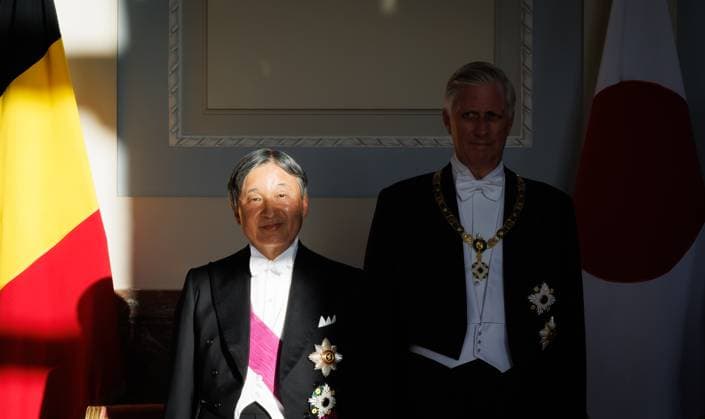 Japanese Emperor Naruhito and King Philippe - Filip of Belgium pictured during the state banquet at the Castle of Laeken - Laken, Brussels, during the official state visit of the Japanese Emperor and Empress to Belgium on Tuesday 23 June 2026. The Emperor and Empress of Japan visit Belgium from June 20-25.  BENOITxDOPPAGNE 179018771