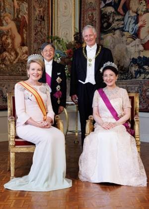 Queen Mathilde of Belgium, Japanese Emperor Naruhito, King Philippe - Filip of Belgium and Japanese Empress Masako pose for photographers prior to the state banquet at the Castle of Laeken - Laken, Brussels, during the official state visit of the Japanese Emperor and Empress to Belgium on Tuesday 23 June 2026. The Emperor and Empress of Japan visit Belgium from June 20-25.  BENOITxDOPPAGNE 179018776