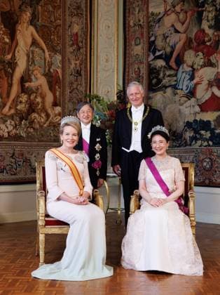 Queen Mathilde of Belgium, Japanese Emperor Naruhito, King Philippe - Filip of Belgium and Japanese Empress Masako pose for photographers prior to the state banquet at the Castle of Laeken - Laken, Brussels, during the official state visit of the Japanese Emperor and Empress to Belgium on Tuesday 23 June 2026. The Emperor and Empress of Japan visit Belgium from June 20-25.  BENOITxDOPPAGNE 179018780