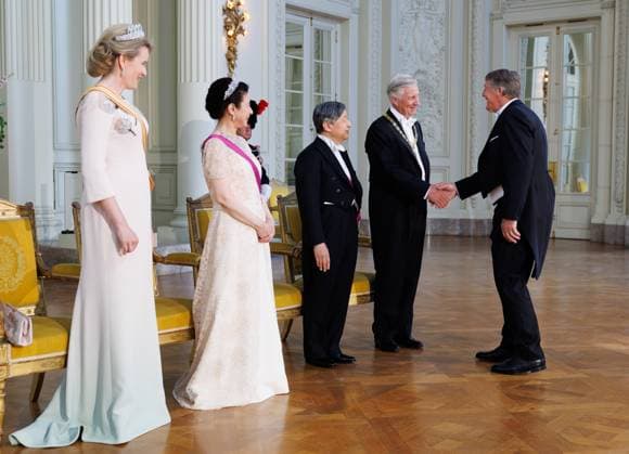 Belgian former judoist Robert Van de Walle, is welcomed by, Queen Mathilde of Belgium, Japanese Empress Masako, Japanese Emperor Naruhito and King Philippe - Filip of Belgium prior to the state banquet at the Castle of Laeken - Laken, Brussels, during the official state visit of the Japanese Emperor and Empress to Belgium on Tuesday 23 June 2026. The Emperor and Empress of Japan visit Belgium from June 20-25.  BENOITxDOPPAGNE 179018792