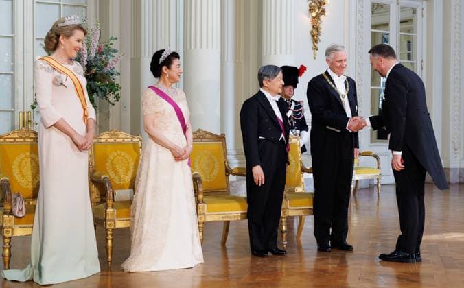 Vice-prime minister and Minister of Foreign Affairs Maxime Prevot, is welcomed by, Queen Mathilde of Belgium, Japanese Empress Masako, Japanese Emperor Naruhito and King Philippe - Filip of Belgium prior to the state banquet at the Castle of Laeken - Laken, Brussels, during the official state visit of the Japanese Emperor and Empress to Belgium on Tuesday 23 June 2026. The Emperor and Empress of Japan visit Belgium from June 20-25.  BENOITxDOPPAGNE 179018795
