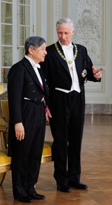 Japanese Emperor Naruhito and King Philippe - Filip of Belgium pictured ahead of the state banquet at the Castle of Laeken - Laken, Brussels, during the official state visit of the Japanese Emperor and Empress to Belgium on Tuesday 23 June 2026. The Emperor and Empress of Japan visit Belgium from June 20-25.  BENOITxDOPPAGNE 179018800