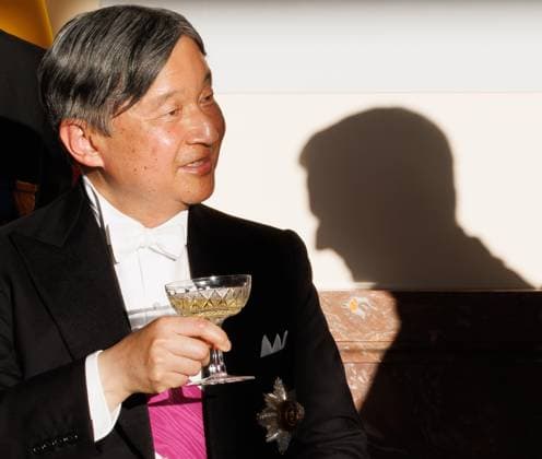 Japanese Emperor Naruhito and the shadow of King Philippe - Filip of Belgium pictured during the state banquet at the Castle of Laeken - Laken, Brussels, during the official state visit of the Japanese Emperor and Empress to Belgium on Tuesday 23 June 2026. The Emperor and Empress of Japan visit Belgium from June 20-25.  BENOITxDOPPAGNE 179019073