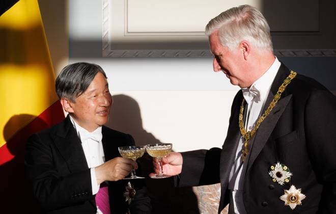 Japanese Emperor Naruhito and King Philippe - Filip of Belgium pictured during the state banquet at the Castle of Laeken - Laken, Brussels, during the official state visit of the Japanese Emperor and Empress to Belgium on Tuesday 23 June 2026. The Emperor and Empress of Japan visit Belgium from June 20-25.  BENOITxDOPPAGNE 179019115