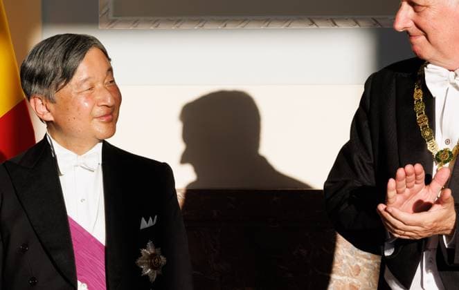 Japanese Emperor Naruhito and the shadow of King Philippe - Filip of Belgium pictured during the state banquet at the Castle of Laeken - Laken, Brussels, during the official state visit of the Japanese Emperor and Empress to Belgium on Tuesday 23 June 2026. The Emperor and Empress of Japan visit Belgium from June 20-25.  BENOITxDOPPAGNE 179019123