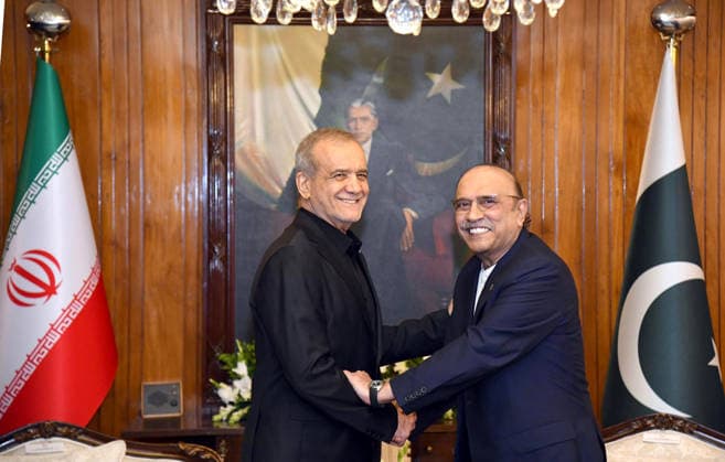 (260623) -- ISLAMABAD, June 23, 2026 () -- Pakistani President Asif Ali Zardari (R) meets with visiting Iranian President Masoud Pezeshkian in Islamabad, Pakistan, June 23, 2026. Pakistani President Asif Ali Zardari and visiting Iranian President Masoud Pezeshkian on Tuesday reaffirmed their commitment to strengthening bilateral relations and promoting peace and stability in the region, Pakistan s Presidency said in a statement. (PID Handout via ) PAKISTAN-ISLAMABAD-IRAN-PRESIDENT-ZARDARI-PEZESHKIAN-MEETING Xinhua 